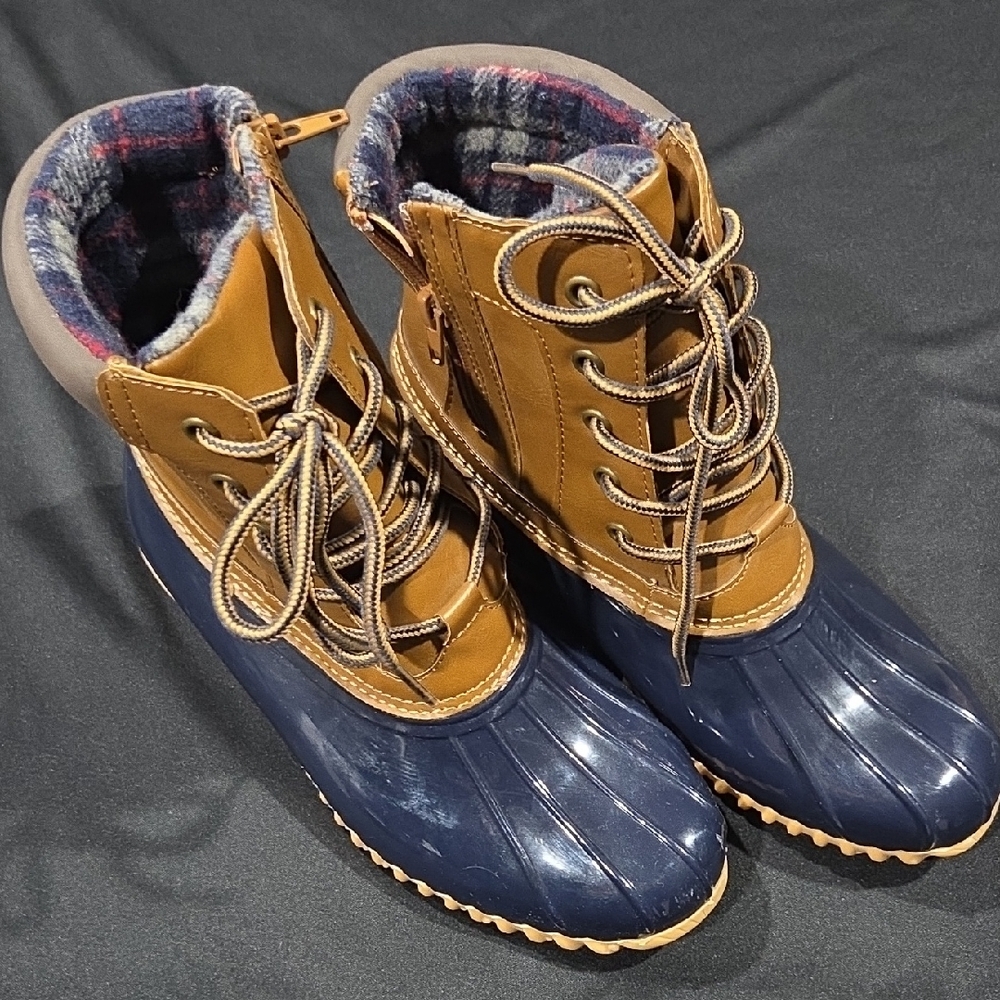 Brown and Blue Duck Boots
